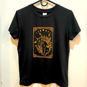 SHIEN Black T-Shirt Moon Phases, Cat, Plants, Butterfly Gold Tarot Card Size M